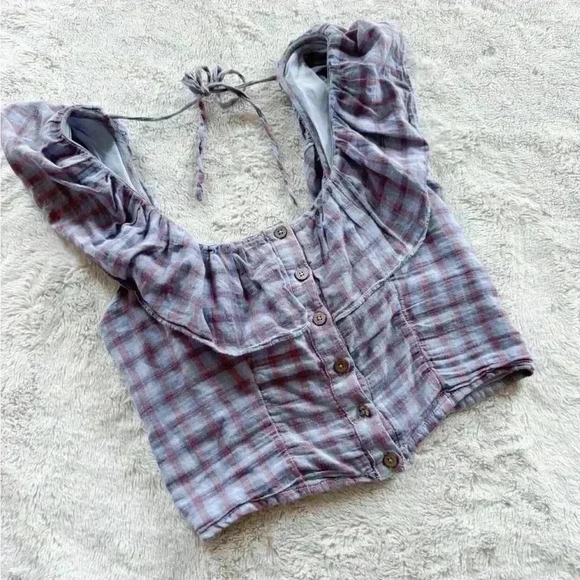 Free People Gone Rogue Ruffle Top Plaid Button Up size S - Picture 1 of 4